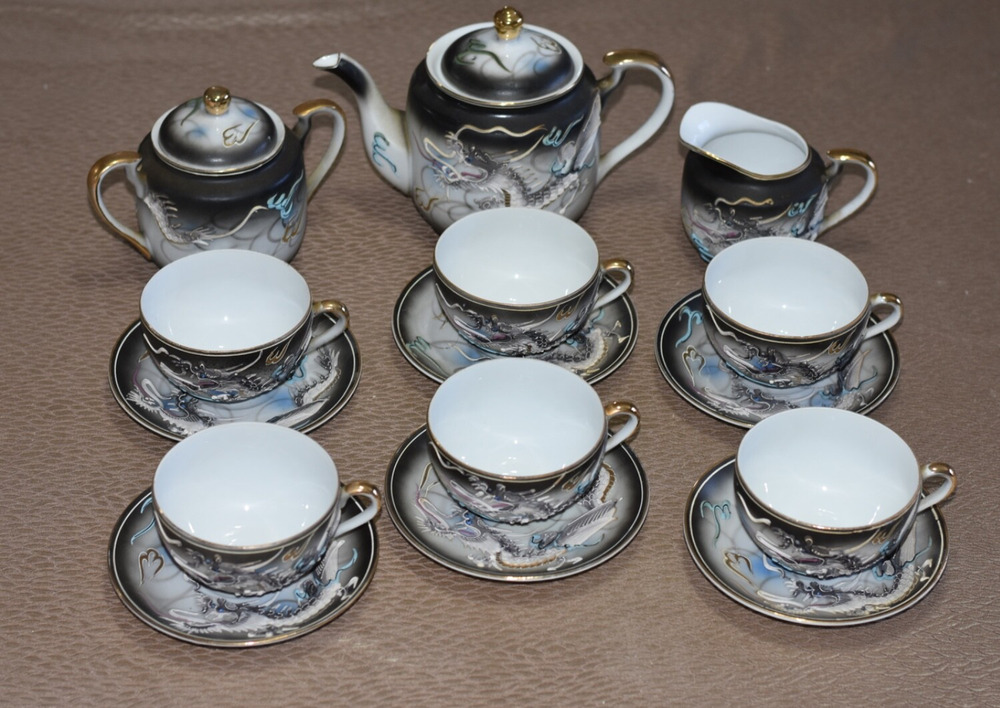 Vintage Japanese Moriage Dragonware Raised Blue Eye Dragon 17pc Tea Set